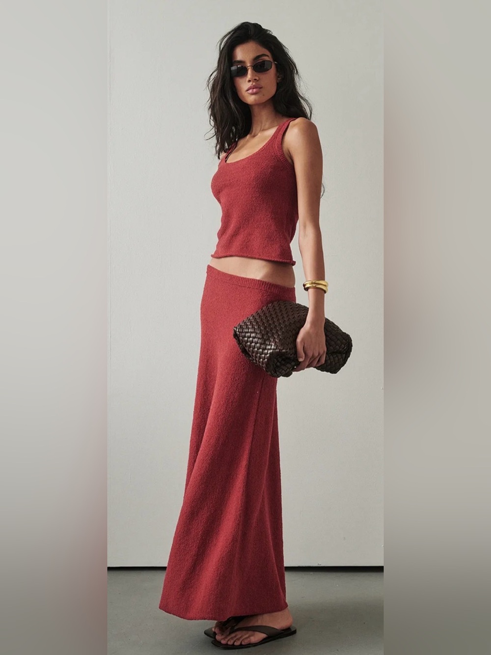 Harriet Burnt Red Knit Maxi Skirt — Rust Red